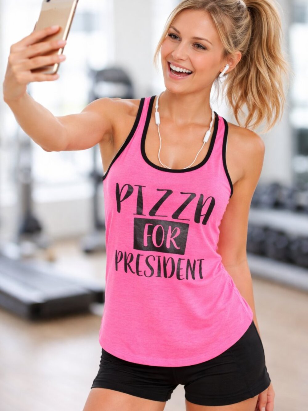 Material Girl Active Pizza For President Tank Top Small Pink Racerback NWT